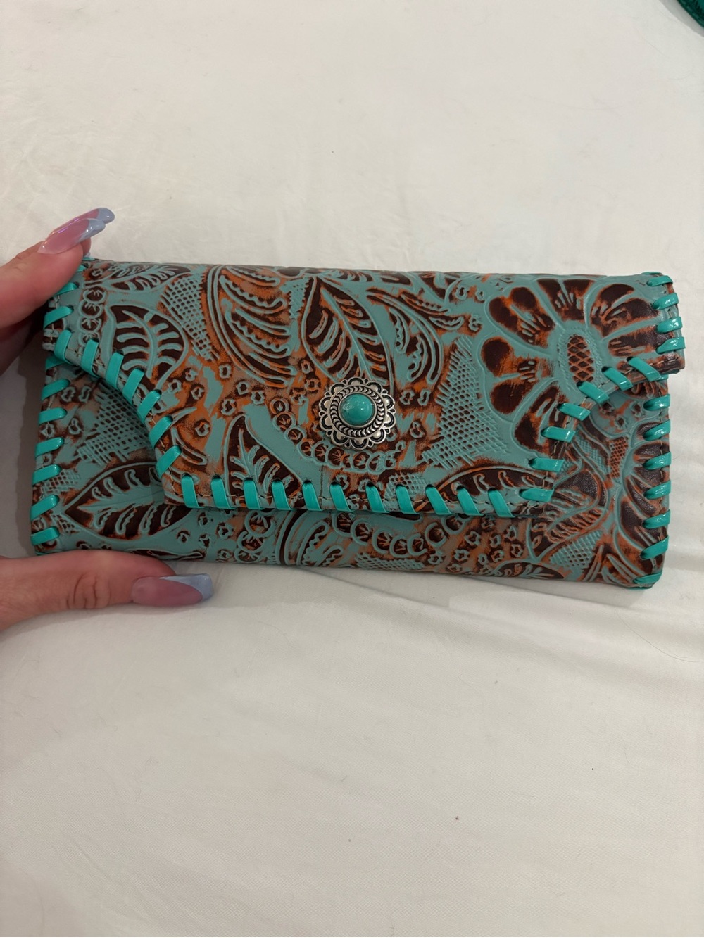 Myra Bag Turquoise and Brown Tooled Floral Leather Wallet